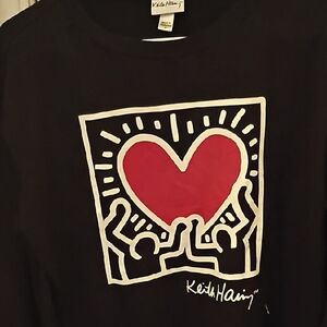 Keith Haring Men’s Black Short Sleeve Tee with Red Heart Graphic